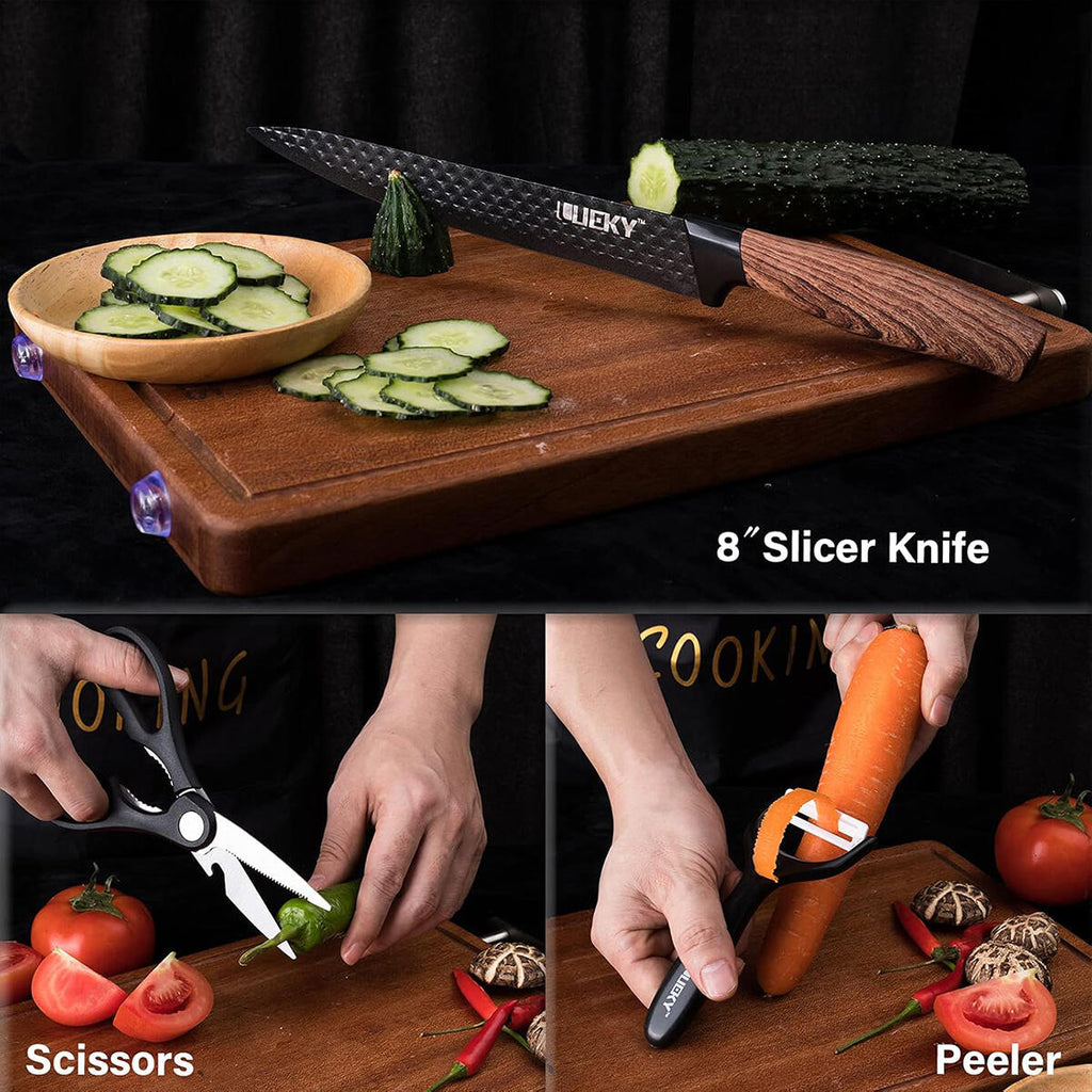 Juego de cuchillos de cocina 6 piezas con pelador y tijeras – Accesorios de cocina negro afilado
