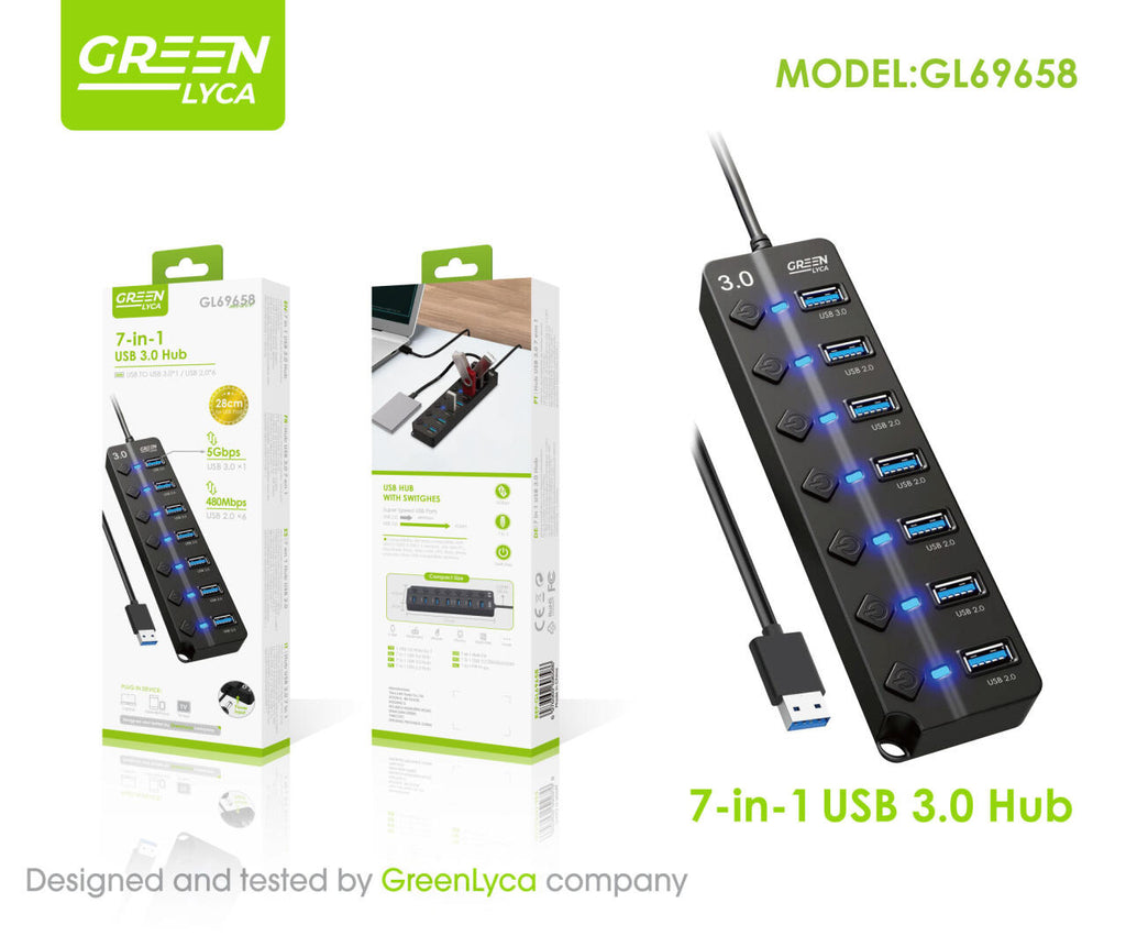 Ubs Hub 7 en 1/ con Interructores On/off, Usb 3.0 X1, Ubs 2.0 X6, Green Lyca gl69658