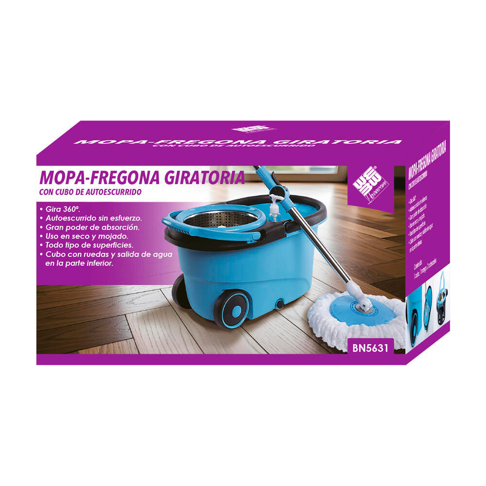 Fregona Mopa Giratoria 360 ° con 2 Cabezales de Mopas Cubo Con Ruedas